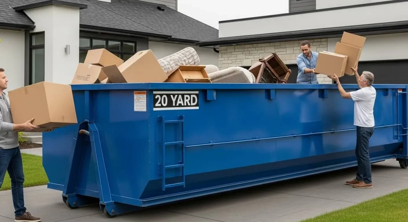 10 yard dumpster Janesville WI 10 yard roll-off dumpster parked on a residential driveway in Janesville