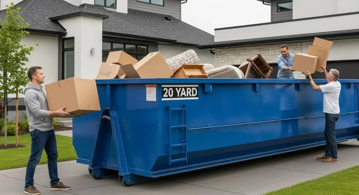20 yard roll-off dumpster in a Janesville driveway during a home cleanout