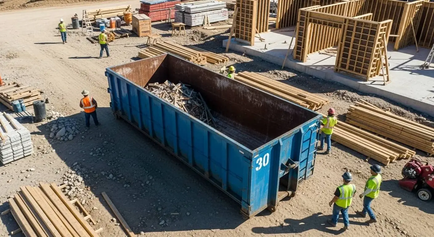 30 yard construction dumpster filled with concrete and framing debris on a Janesville build site