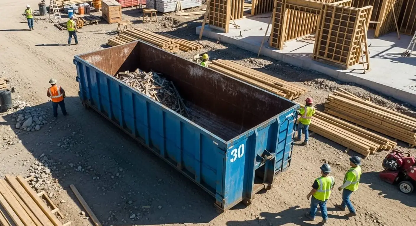 Demolition debris loaded into a low-side roll-off container in Janesville