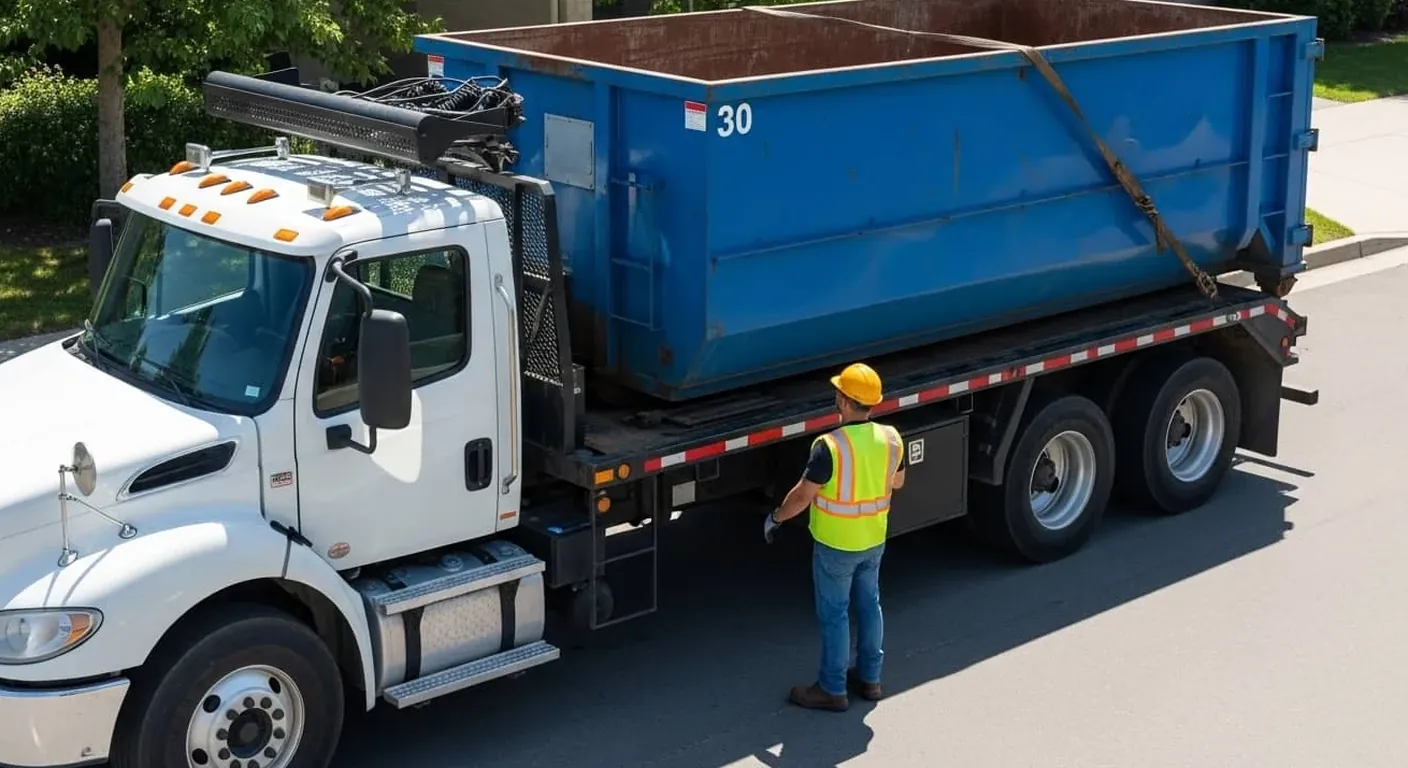 Roll-off truck delivering a 30 yard dumpster to a Janesville property