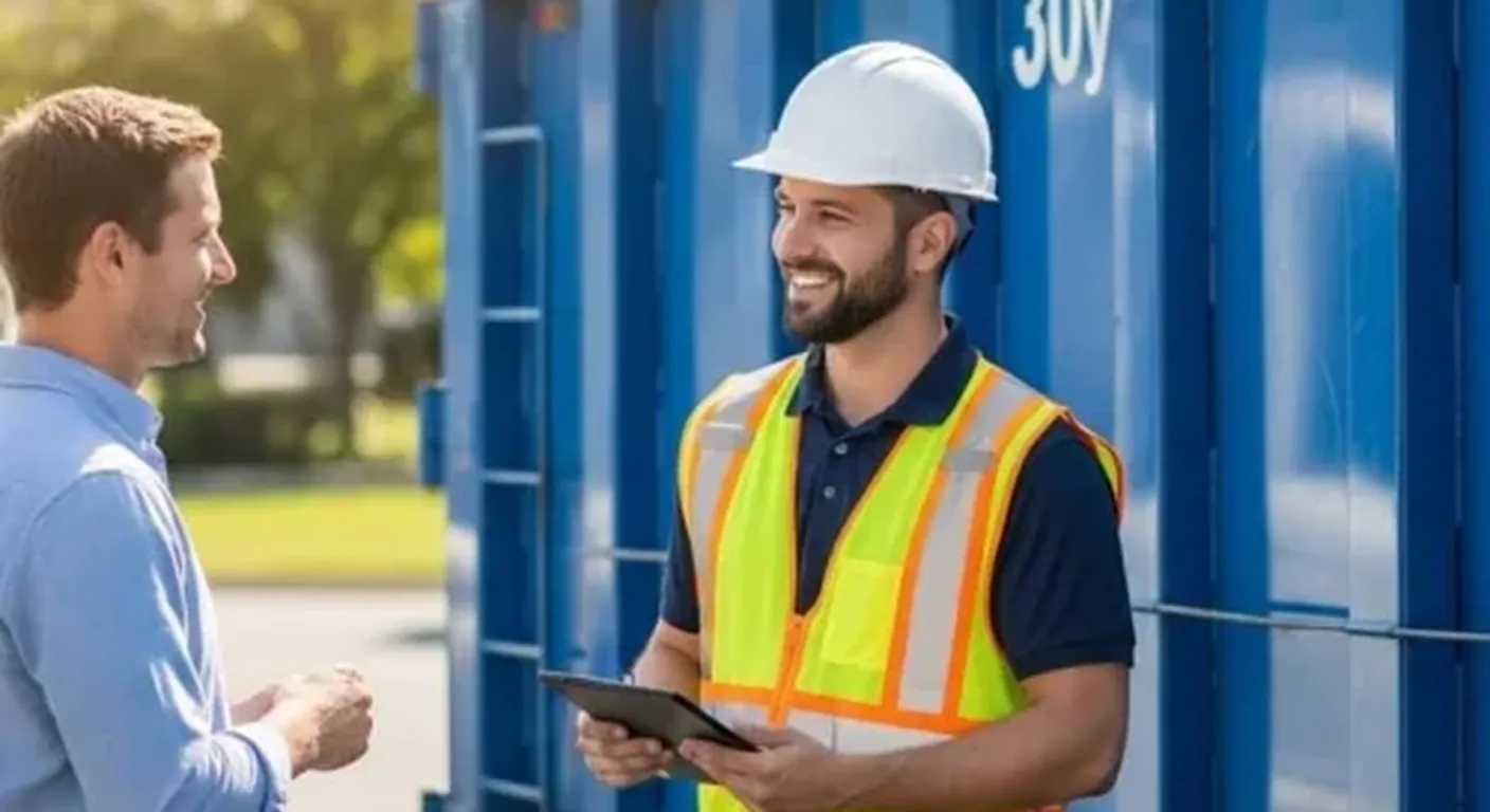 Dumpster rental consultation Janesville WI Little J's team member walking a customer through dumpster sizing beside a container in Janesville