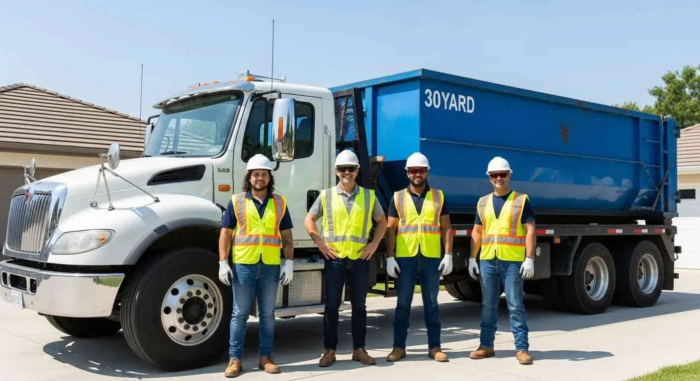Dumpster rental fleet Janesville WI Little J's roll-off truck and 30 yard container with the delivery crew in Janesville
