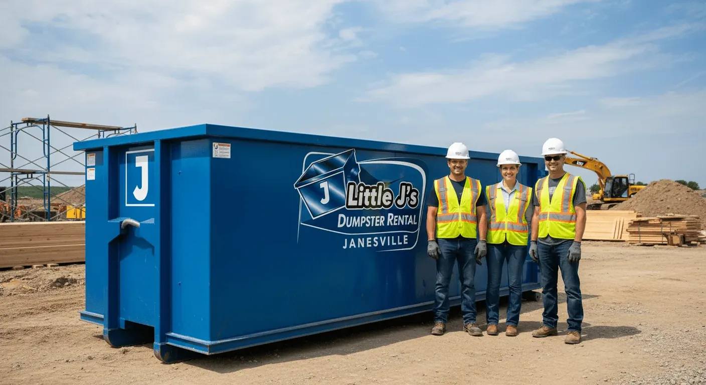 The Little J's Dumpster Rental crew standing beside a branded blue roll-off container in Janesville