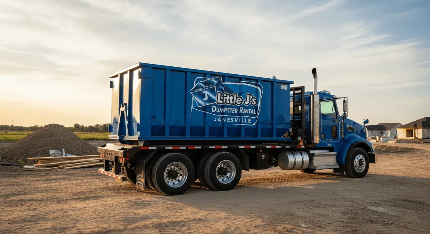 Little J's branded roll-off dumpster and delivery truck at a Janesville, WI job site at dusk