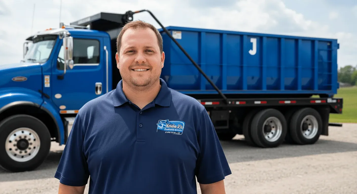 Little J's Dumpster Rental owner Janesville WI Little J's Dumpster Rental owner standing in front of a roll-off truck in Janesville