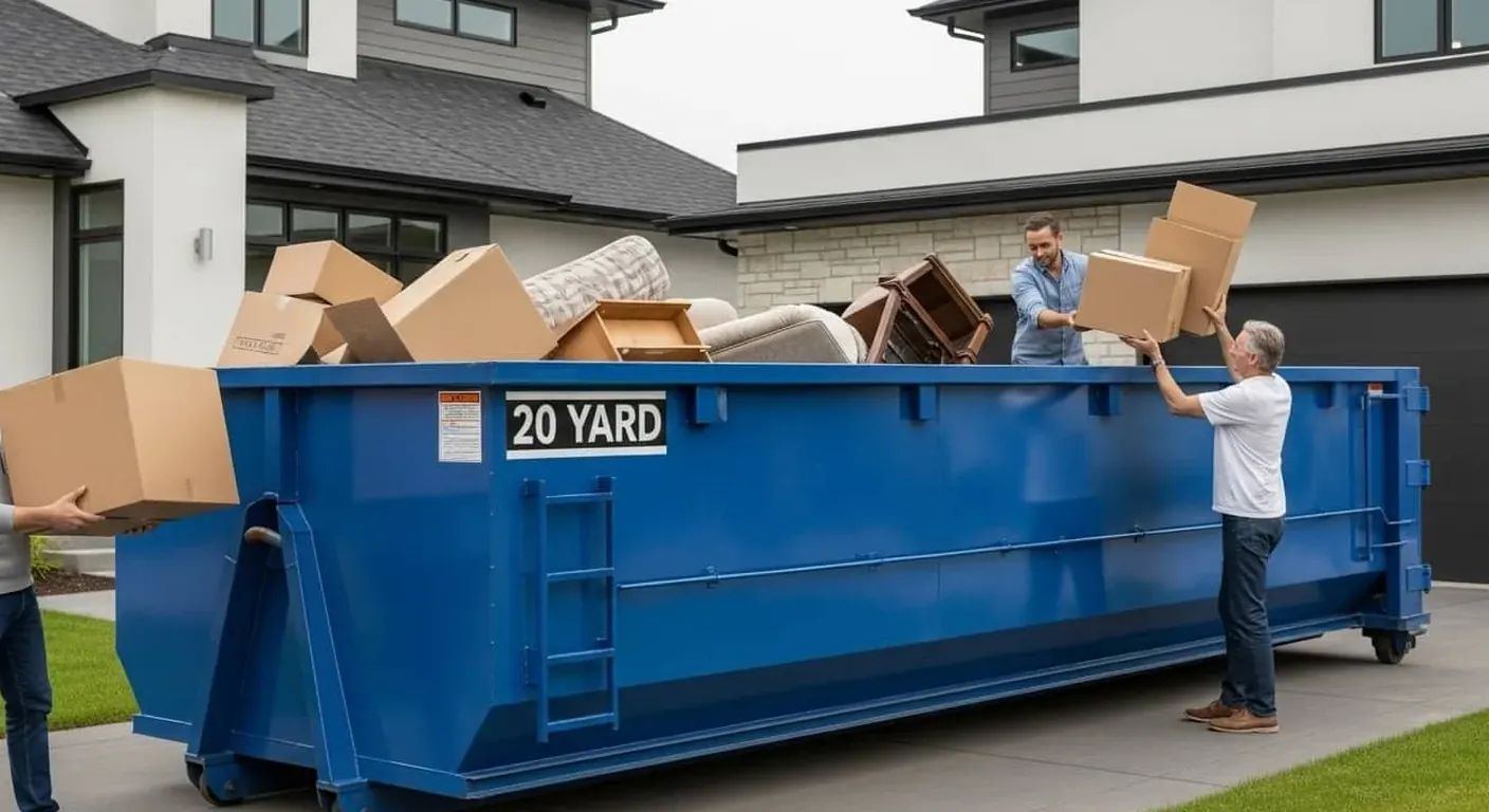 Family loading household items into an estate cleanout dumpster in a Janesville driveway