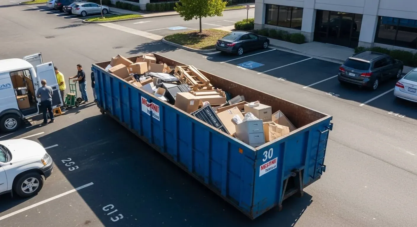 Roll-off dumpster filled with household junk and furniture in a Janesville parking lot