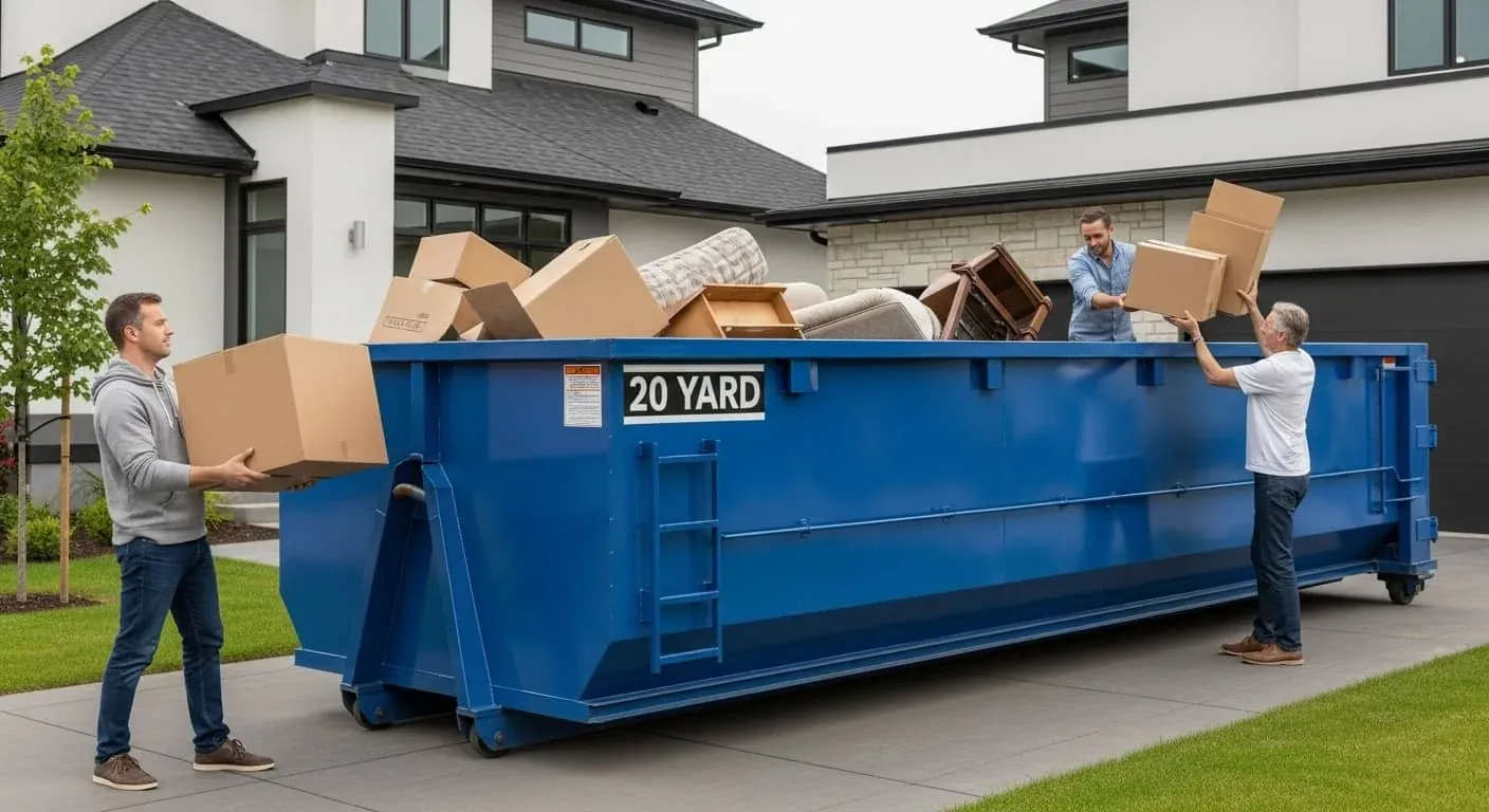 Homeowners loading moving boxes into a 20 yard residential dumpster in a Janesville driveway