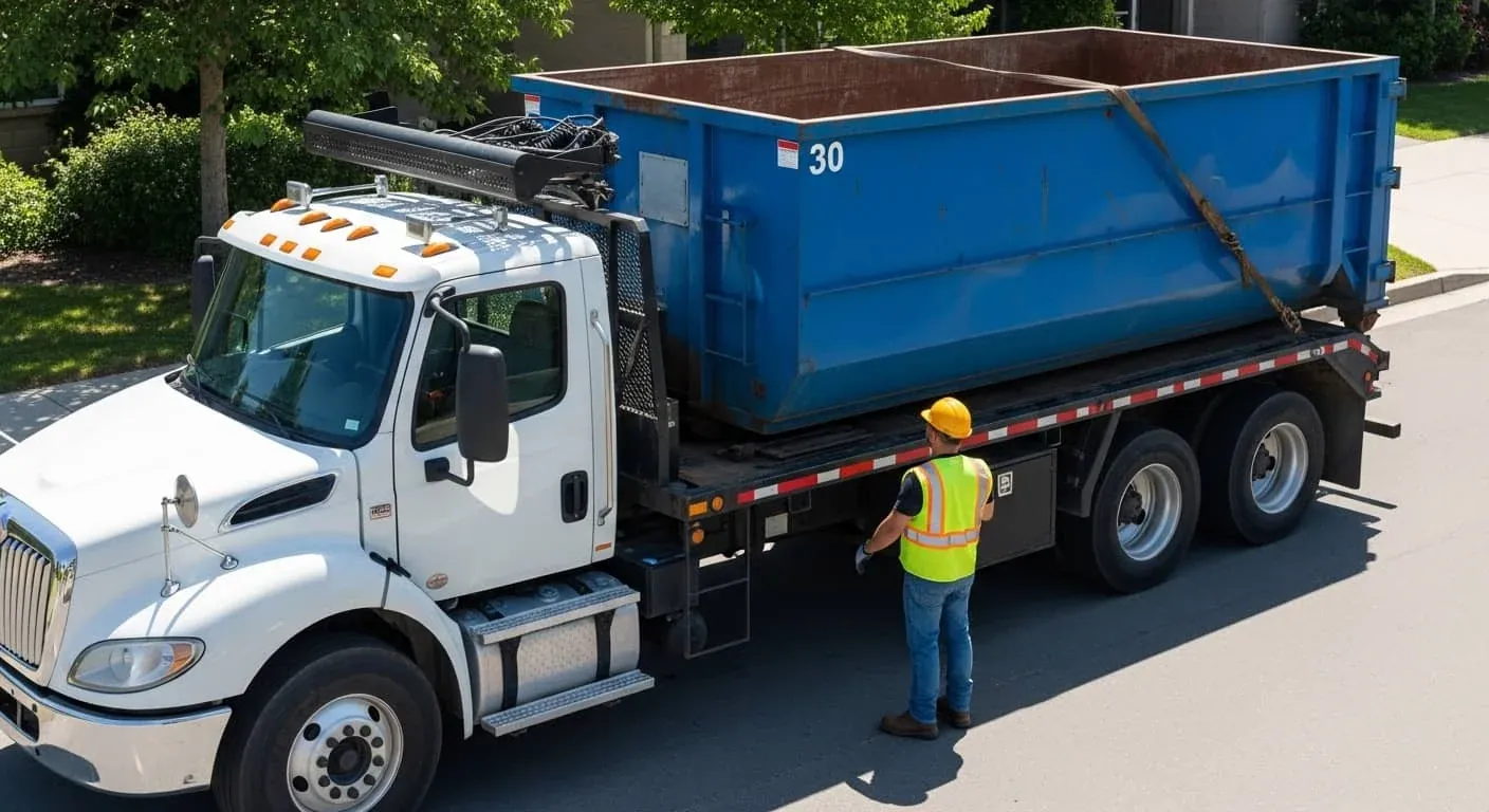 Blue roll-off dumpster loaded on a truck on a residential Janesville street