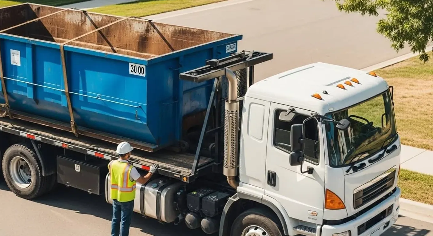 Roll-off dumpster positioned beside a house for a shingle tear-off in Janesville