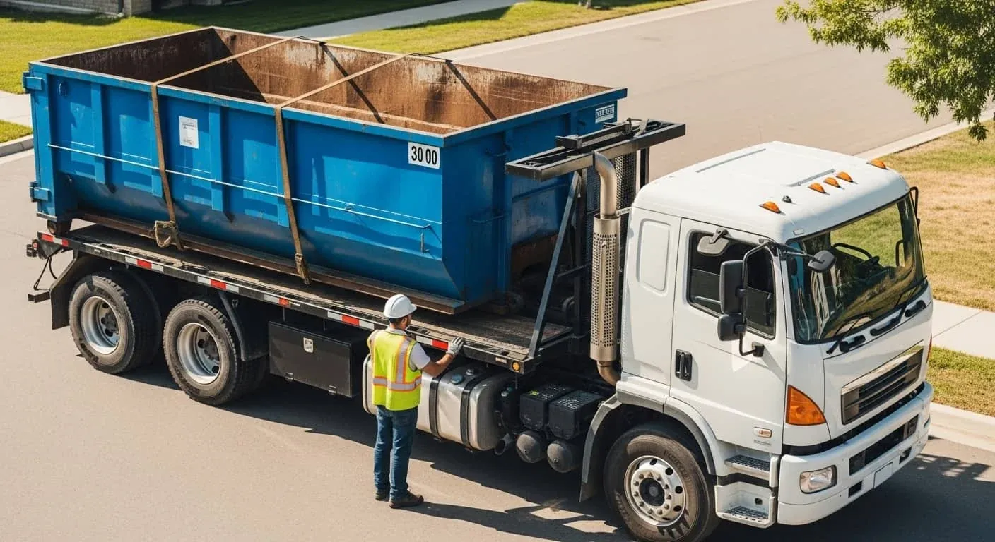 Driver setting a roll-off dumpster on site for a same-day delivery in Janesville