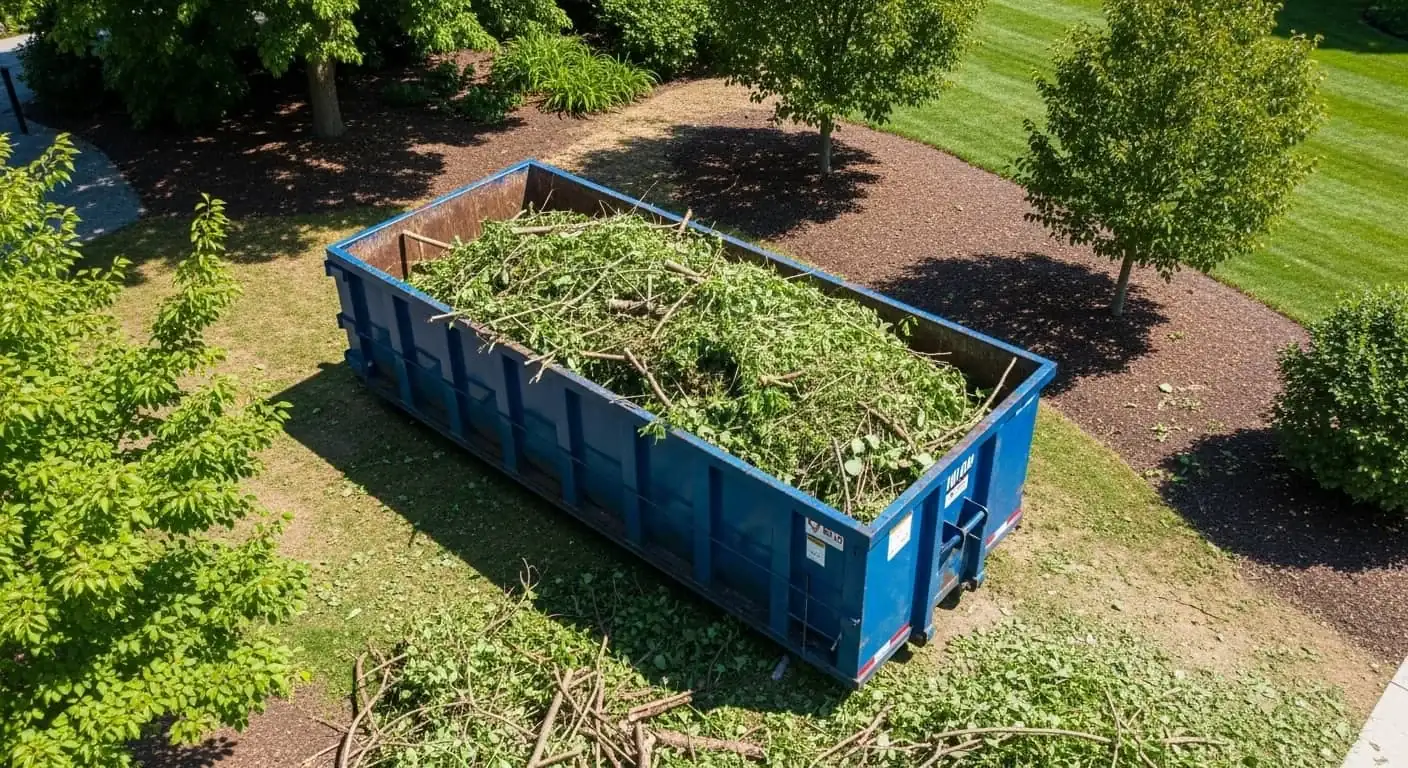 Roll-off dumpster filled with brush and yard waste on a Janesville property